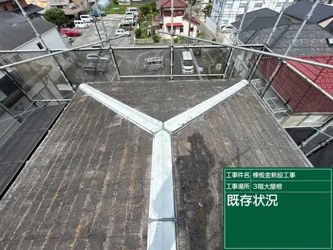 棟板金を外す前の、苔とサビの出たスレート屋根